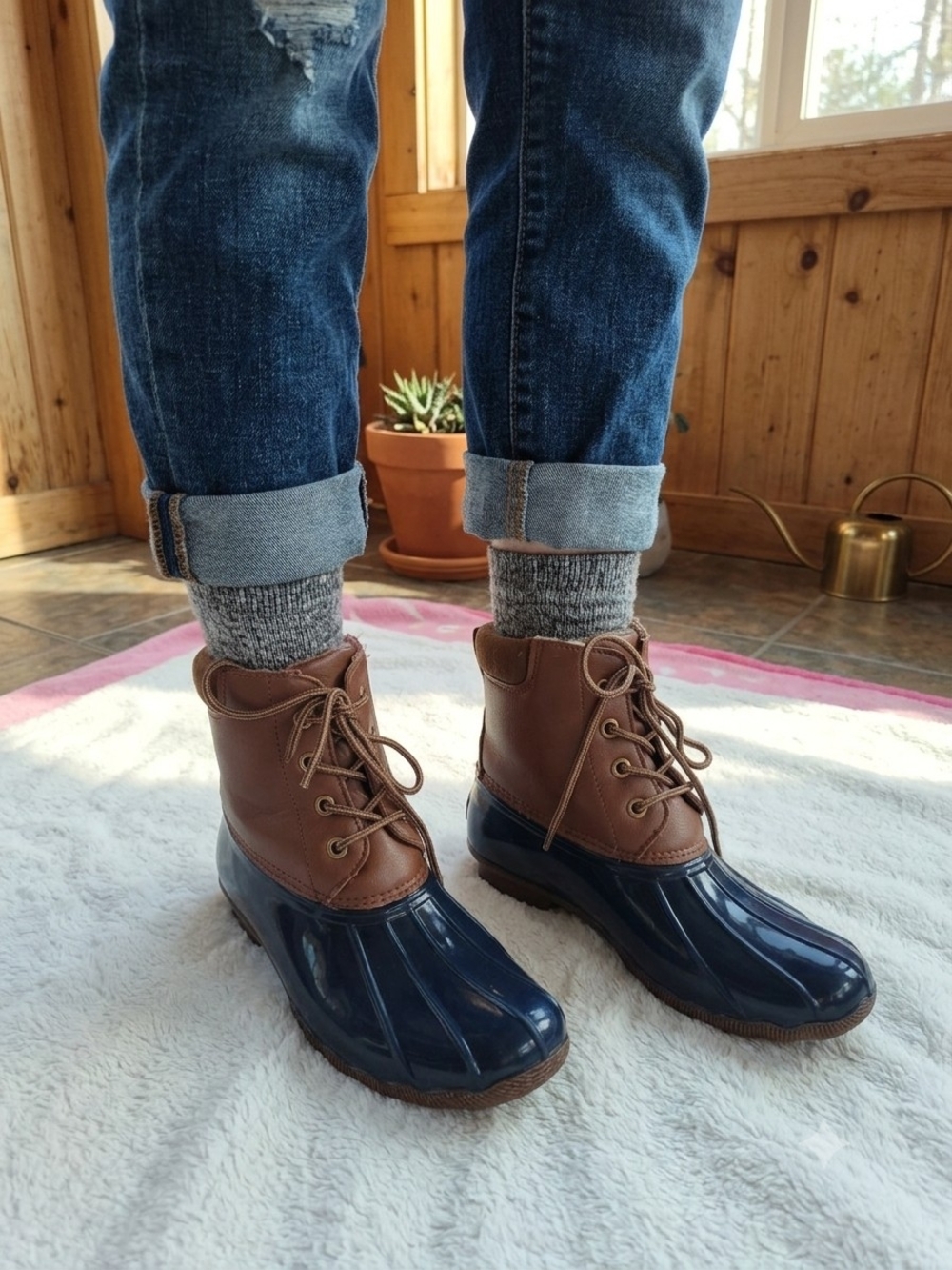 Women’s Two-Tone Lace-Up Duck Boots - Brown & Navy